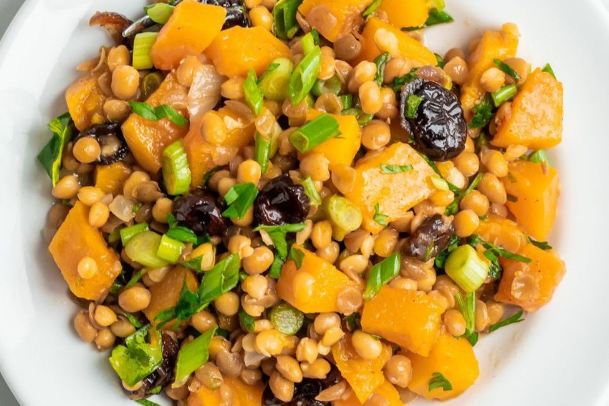 Try this recipe for Warm Maple Roasted Butternut Squash & Lentil Salad