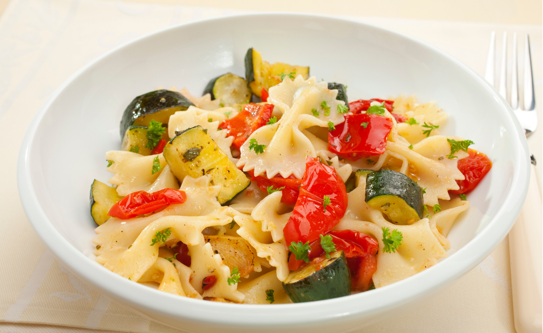 Warm Pasta Salad with Roasted Tomatoes and Zucchini