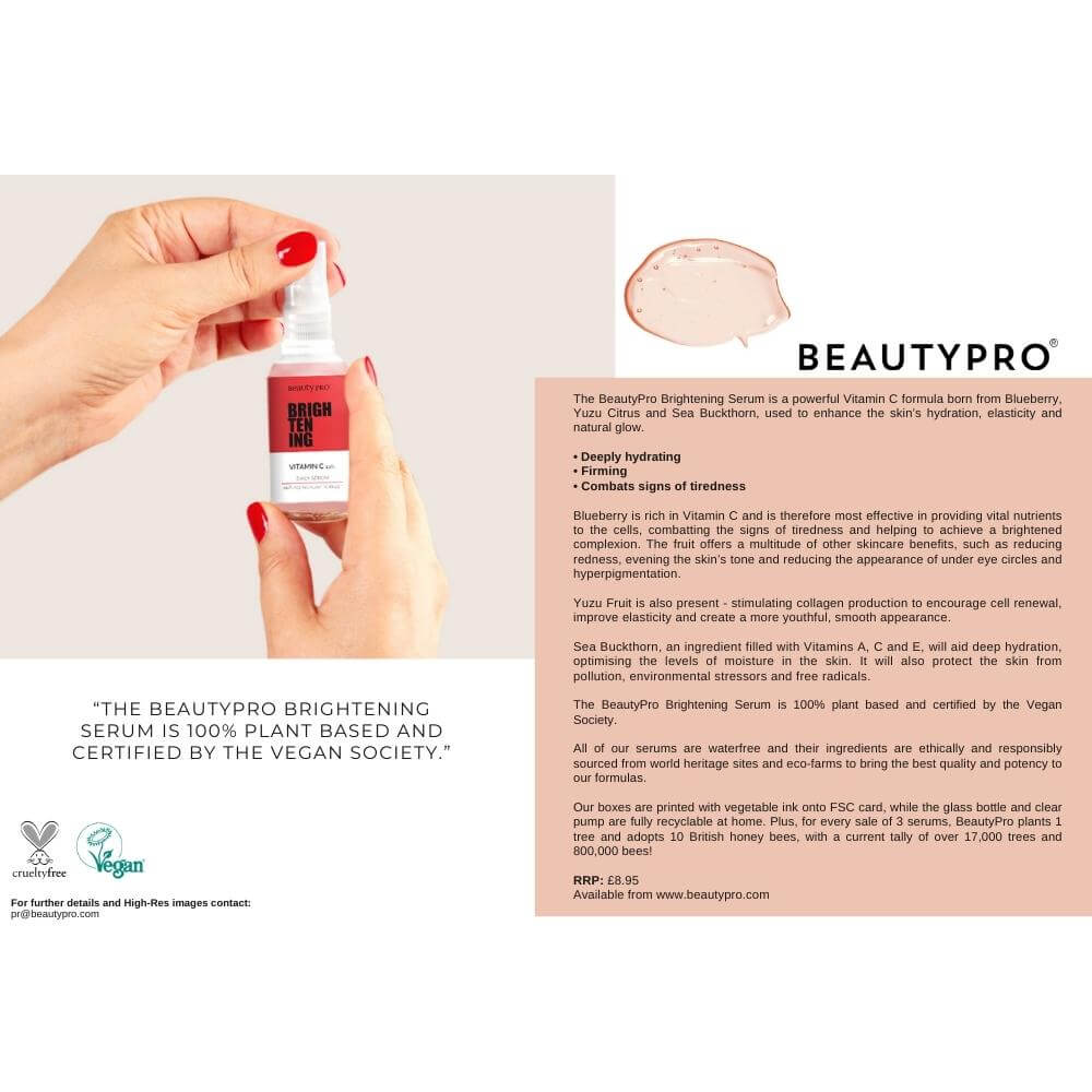  close up product shot of the from of a beauty pro brightening daily serum bottle with infographic explains the product benefits