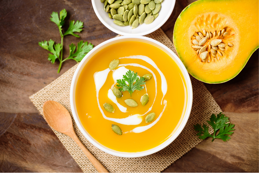 Roasted Butternut Squash and Red Lentil Soup with Coconut Milk, Turmeric and Ginger