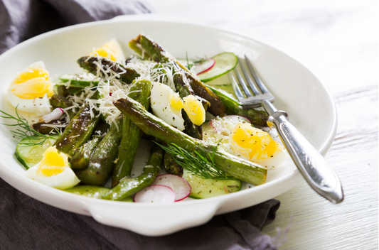 Warm Asparagus & Jersey Royal Salad with Soft-Boiled Eggs and Tarragon Mustard Dressing
