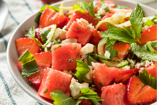 Refreshingly Unexpected: Watermelon, Avocado, Strawberry & Feta Salad with Lime-Balsamic Vinaigrette
