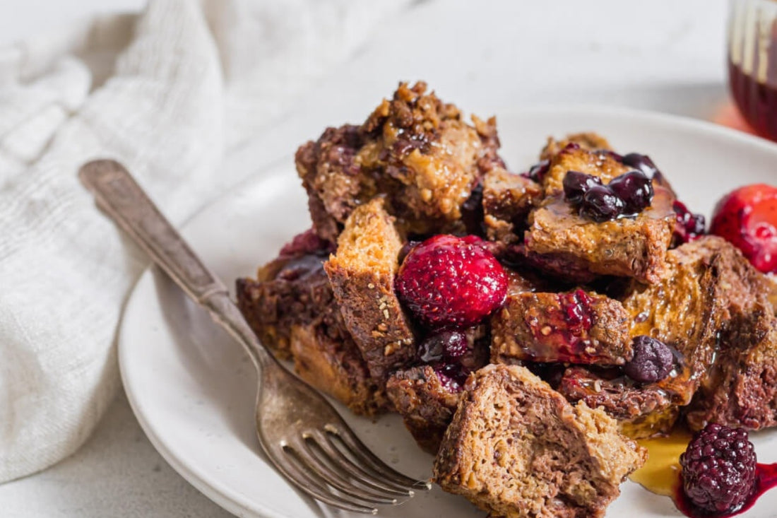 image of slow cooker mixed berry french toast served on a white plate