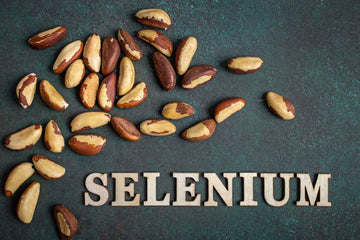 Image of brazil nuts scattered across a grey background with the word selenium spelled out next to it