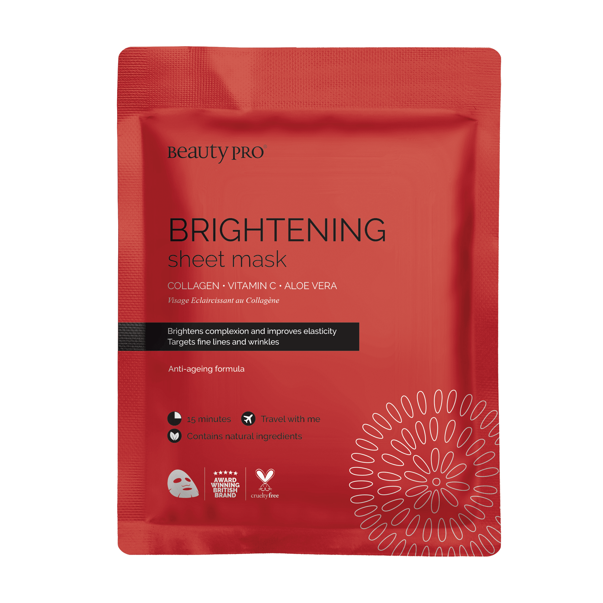 close up product shot of the front of a beautypro brightening sheet mask pack