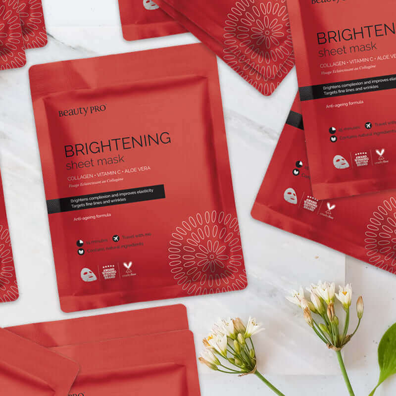 flat lay product shot of front of a single pack beautypro brightening collagen face sheet mask