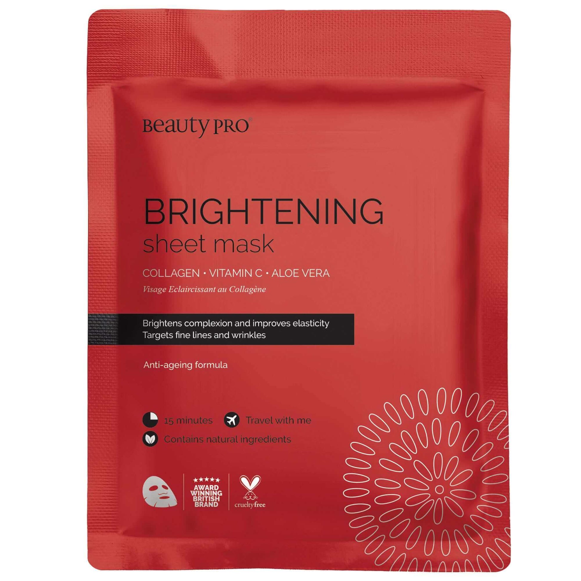 close up product shot of the front of a beautypro brightening sheet mask pack