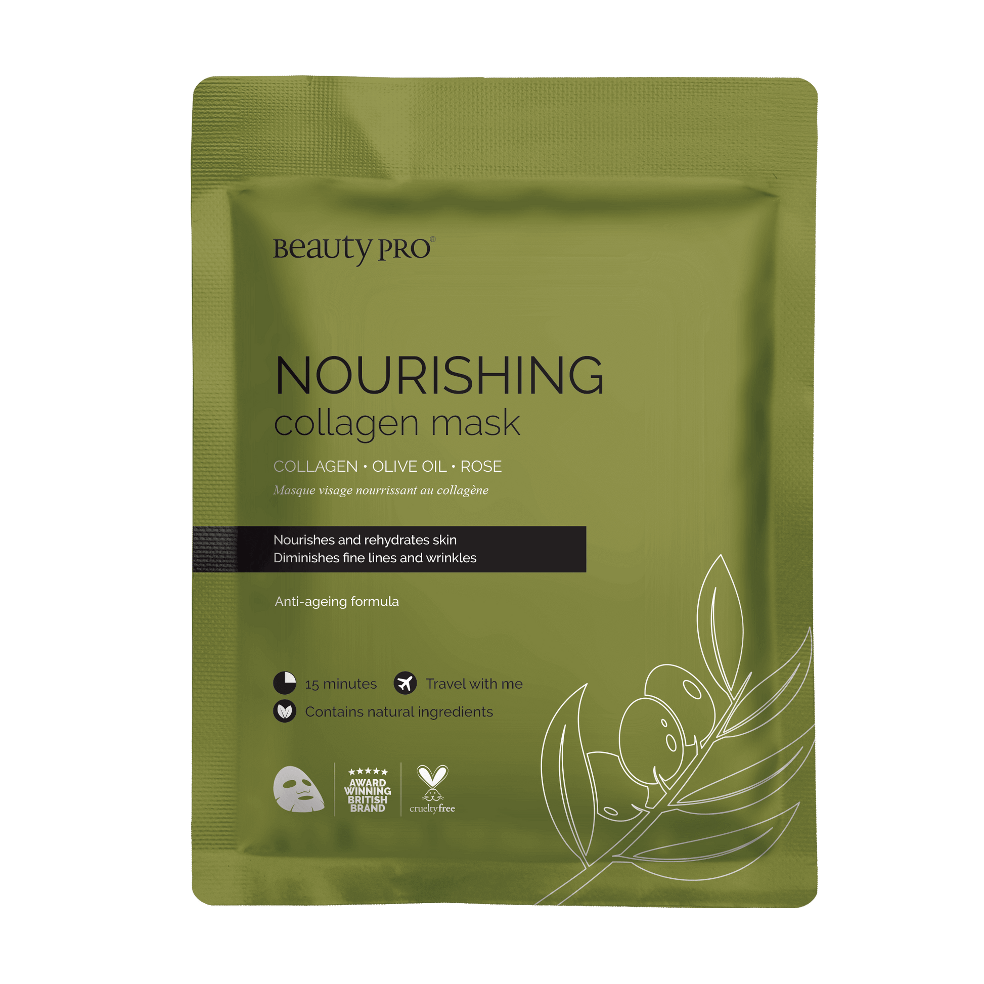 close up product shot of the front of a beautypro nourishing sheet mask pack