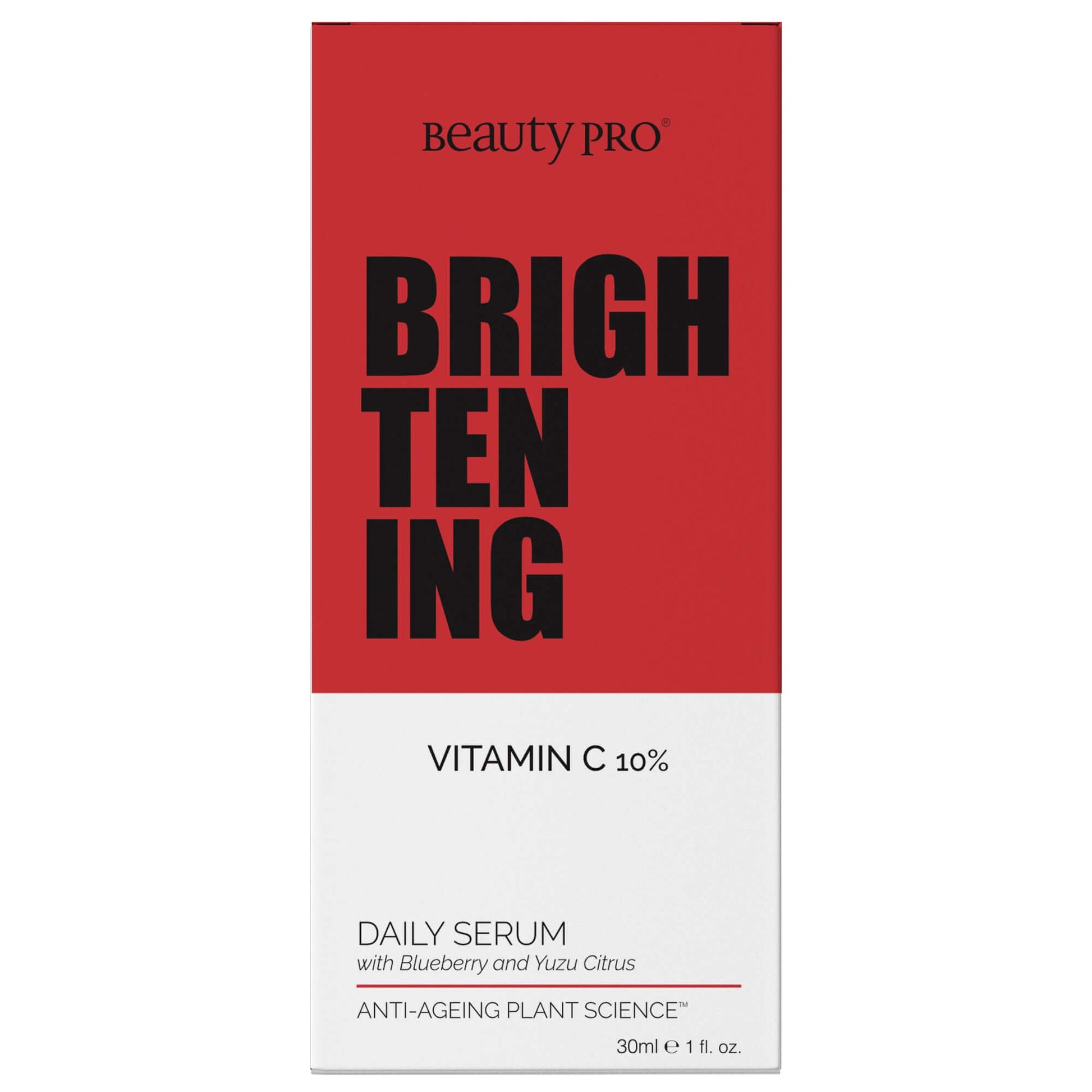 close up product shot of the front of a beauty pro brightening daily serum box