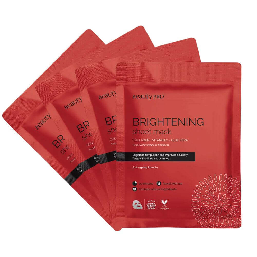 Flat lay product shot of 4 beautypro brightening sheet mask packs fanned out against a white background