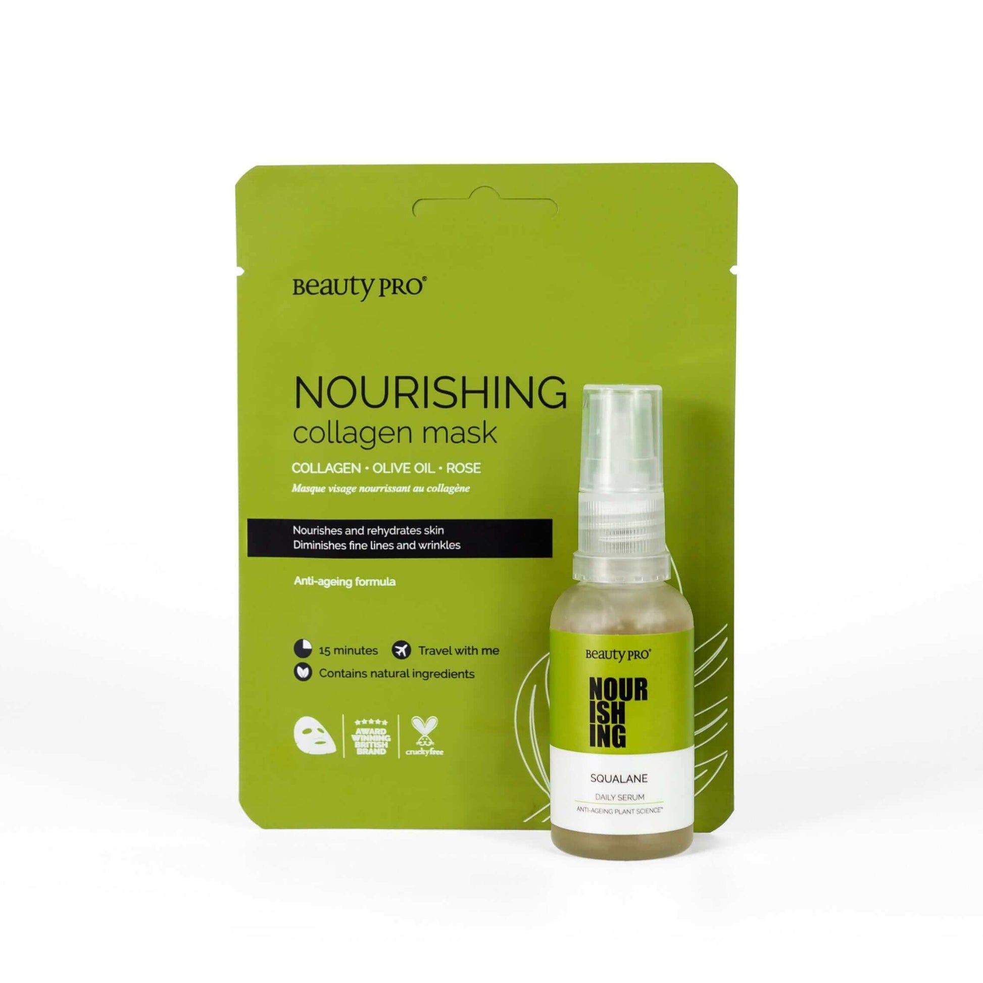 BeautyPro Nourishing Collagen Sheet Mask & Squalene Serum Skincare Bundle