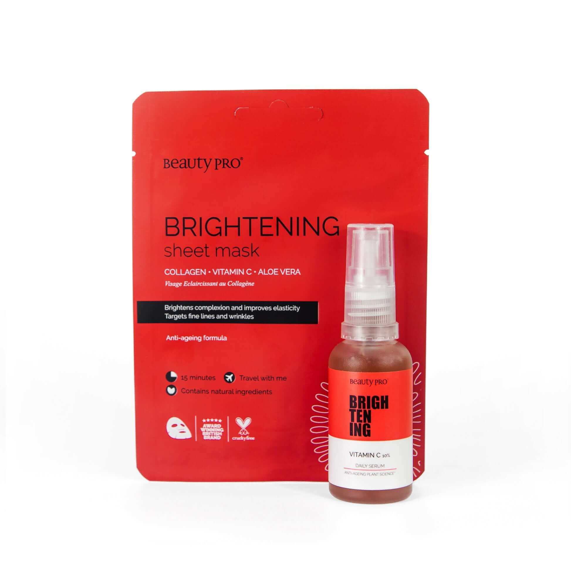 product shot of front of a single pack beauty pro brightening collagen face sheet mask and a bottle of beauty pro brightening skin serum
