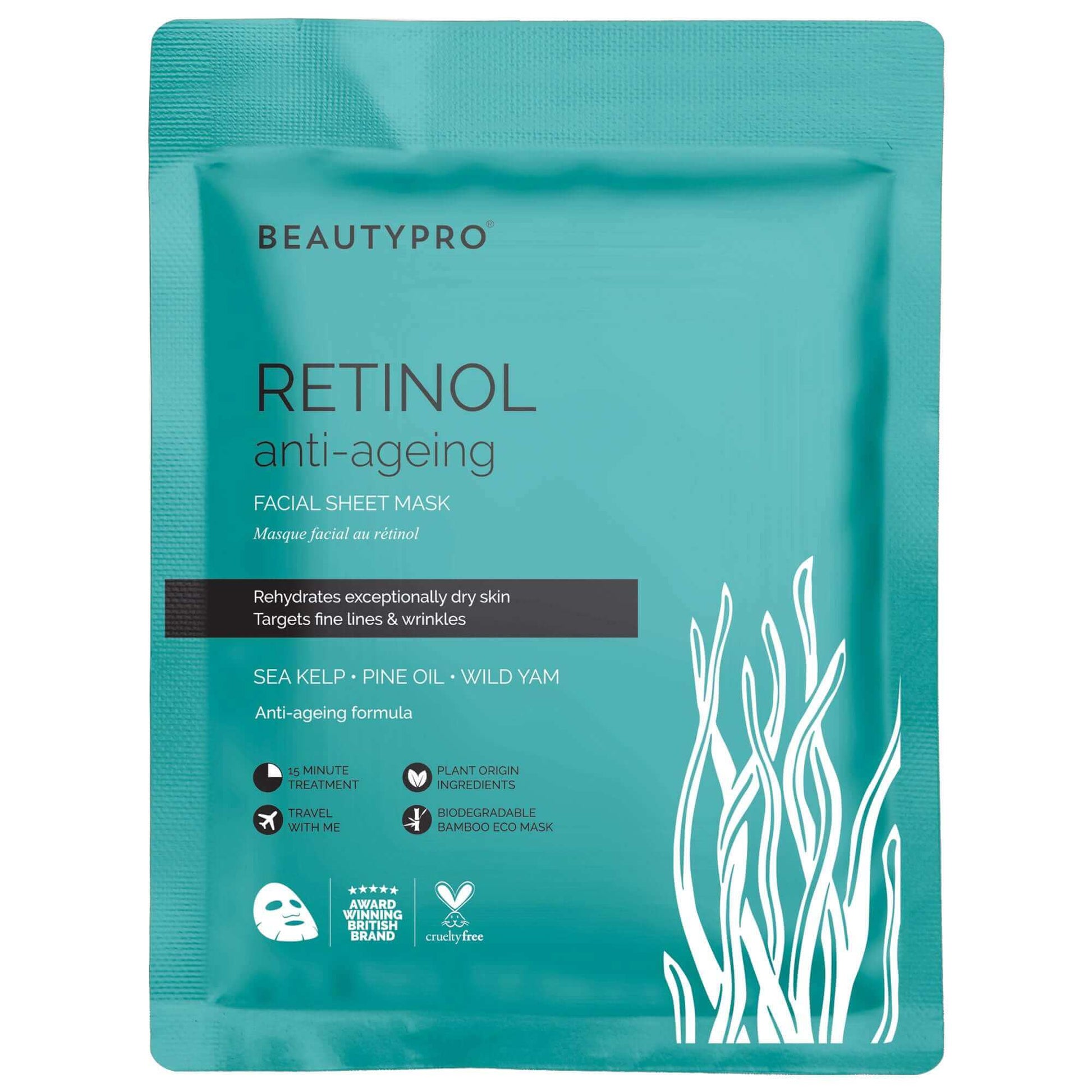 close up product shot of the front of a beautypro overnight retinol sheet mask pack