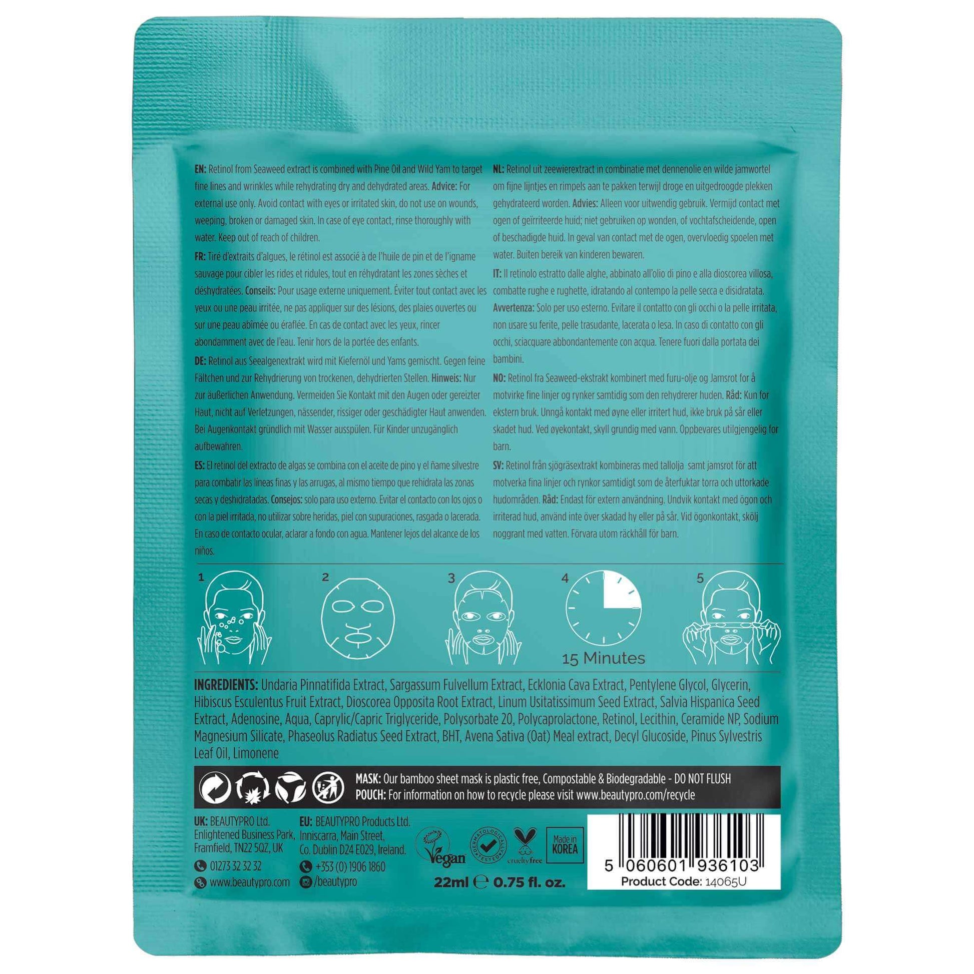 close up product shot of the back of a beautypro overnight retinol sheet mask pack