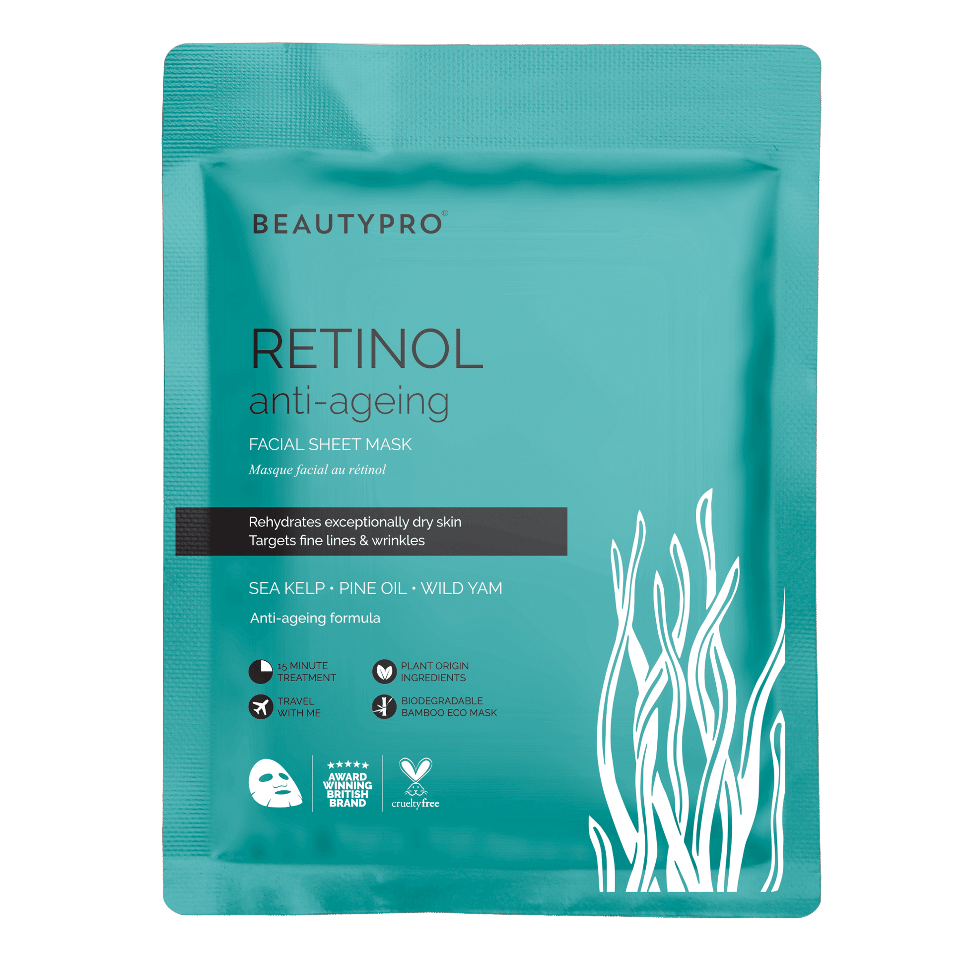 close up product shot of the front of a beautypro overnight retinol sheet mask pack