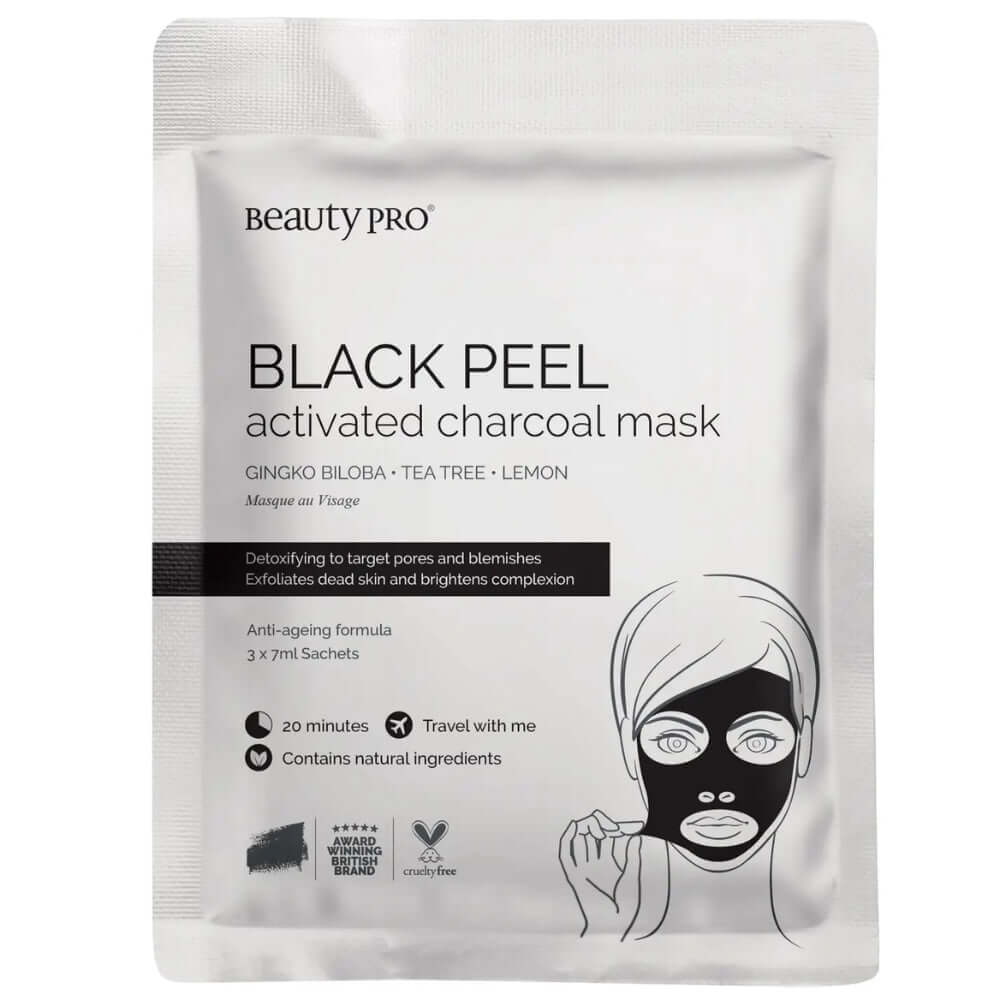 close up product shot of the front of a beautypro black peel activated charcoal mask pack
