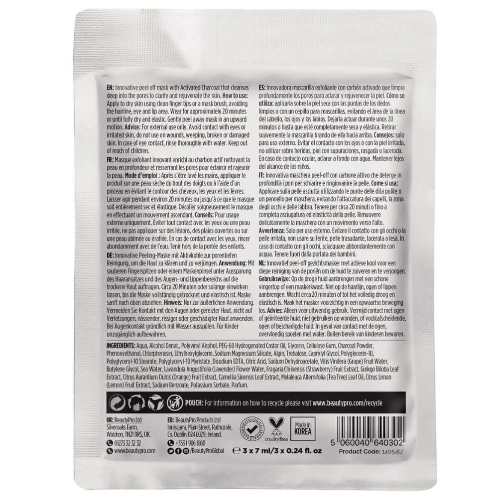 close up product shot of the back of a beautypro black peel activated charcoal mask pack