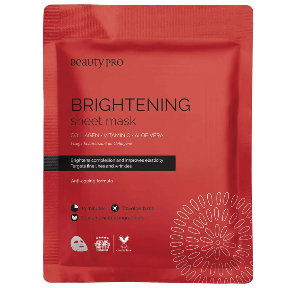 close up product shot of the front of a beautypro brightening collagen sheet mask pack