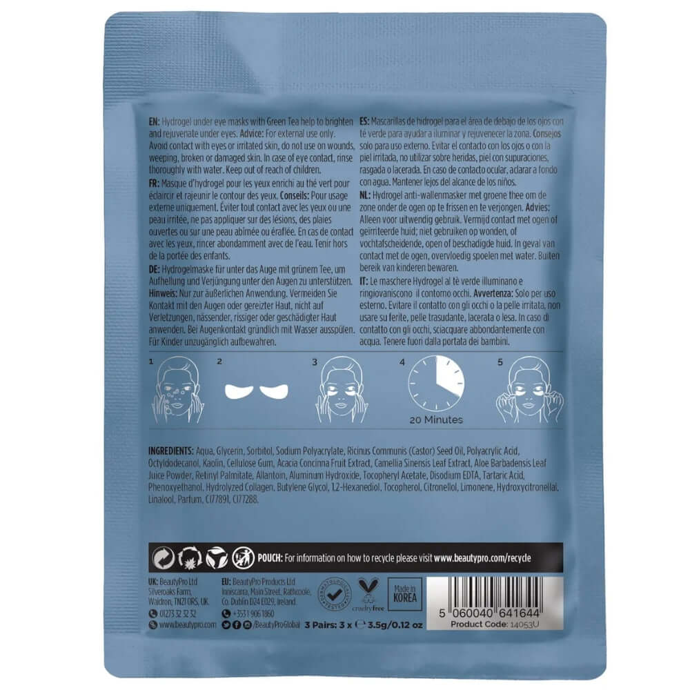 close up product shot of the back of a beautypro eye therapy under eye mask pack