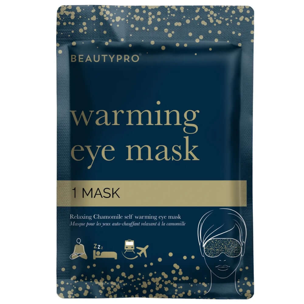 close up product shot of the front of a beautypro warming eye mask pack